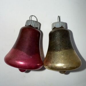 2 Vintage Christmas Tree Ornament Glass Shiny Brite Bell Gold Pink Ombré 2 In